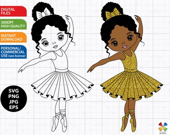 Ballerina svg, Ballet Clipart, Cute Girl SVG, Dancing Girl svg, African American svg, Cutting Files, Gold Tutu PNG, SVG Files for Cricut