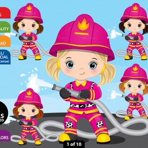 Girl Pink Firefighter Clipart, Vector Fireman Clipart, Little Girl Clipart, Fire Hose, PNG Cute Girl, Occupation Clipart, Digital Clip Art