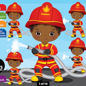 Black Boy Firefighter Clipart, Vector Fireman, Afro Little Boy, Fire Hose, PNG Cute Boy, Occupation Clipart, African American Boy Clip Art