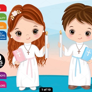Clipart Prima Comunione, Clipart Bibbia vettoriale, Comunione ragazza ragazzo, Bambini in abiti, Clipart religiosa, PNG, Sublimazione, Clipart cristiano bambino