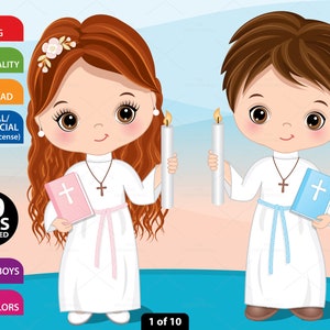 First Communion Clipart, Vector Bible Clipart, Boy Girl Communion, Kids in Robes, Religious Clipart, PNG, Sublimation, Kid Christian Clipart