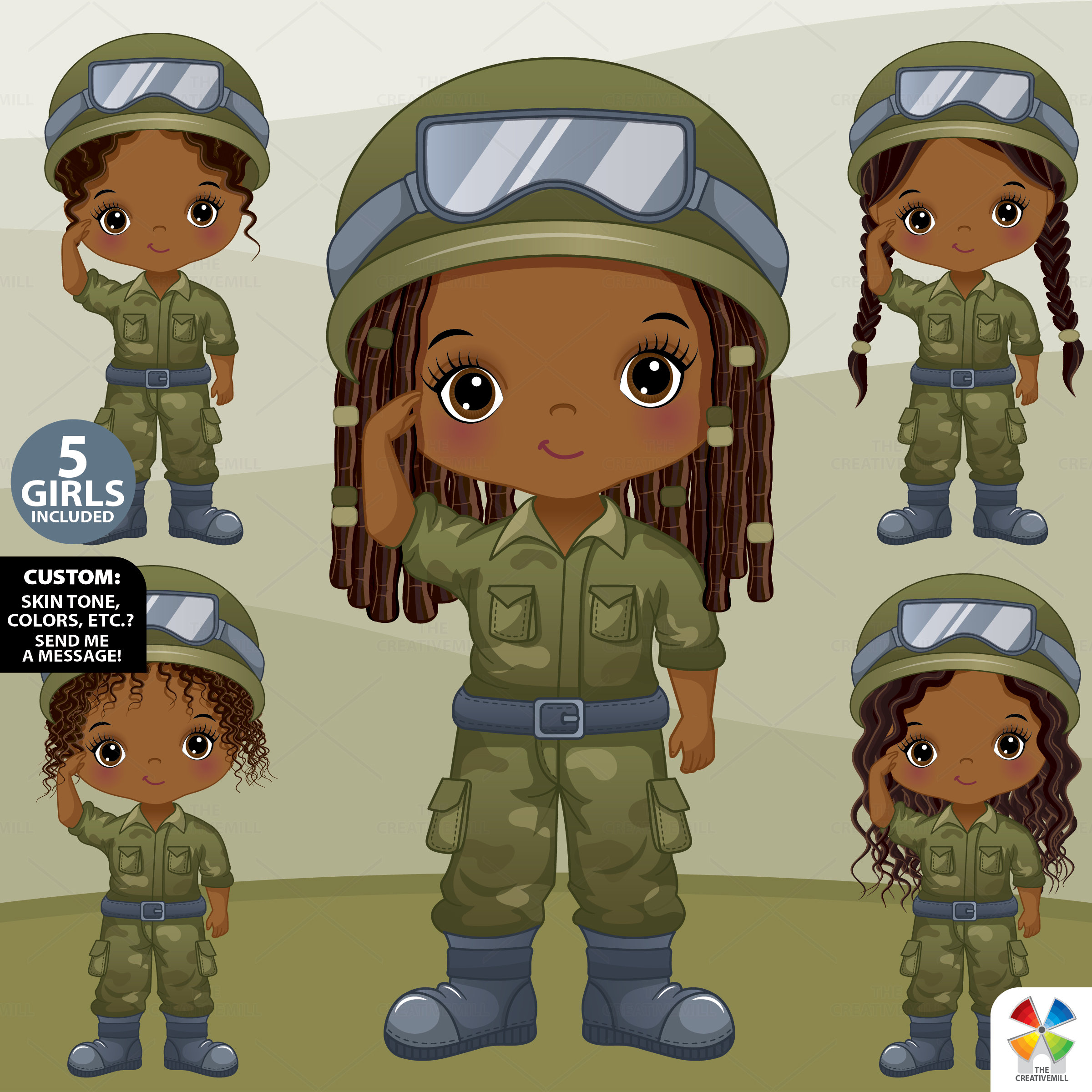 Little Soldier Clipart, Vector Army Girl, Military Child PNG, Character, Armored Forces, Black Girl, African American, Patriot Clip Art