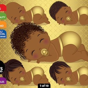 Gold Baby Bot Clipart, Vector Newborn, Metallic, Images afro-américaines, One Year Old Boy, Black Baby Boy, PNG Sleeping Fro Baby Clip Art