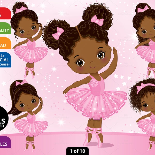 Little Ballerina Clipart, Vector Ballerina, Ballet, Afro Puffs, Bun, Pink Tutu, PNG, Cute, Toddler, Princess, Black Ballerina Girl Clip Art