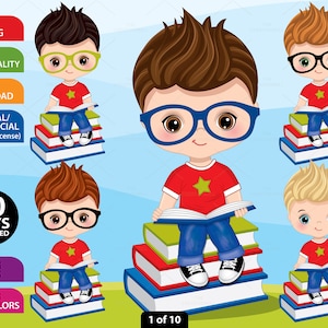 Boy Reading Clipart, Vector School Kid, Study, Student, Boy Reading Book, Character, Pile of Books, PNG Pupil, Cute Boy in Glasses Clip Art
