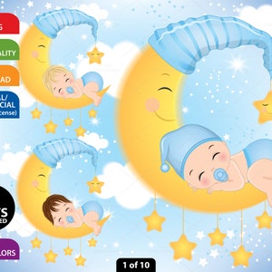 Sleeping Baby Clipart, Vector Newborn, Blue Baby, Baby Shower, Baby on Moon, Caucasian Baby PNG, Blond Baby Boy, Sleeping Baby Boy Clip Art