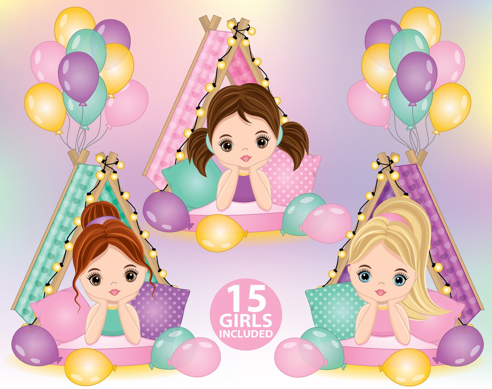 Slumber Party Clipart Vector Teepee Sleepover Pastel Hair | Etsy
