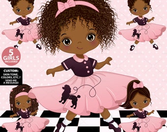 Sock Hop Clipart, Vector Retro Dance, 50's Retro, Vintage, Poodle Skirt, African American, Retro Black Girl PNG, Polka Dot, Dancing Clip Art