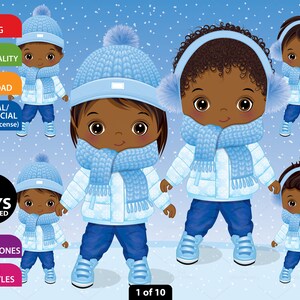 Cute Winter Boy Clipart, Vector Little Boy, Doll, Afro Character, Christmas, Black Child, Toddler PNG, Knit, Pom Outfit, Cool Kid Clip Art