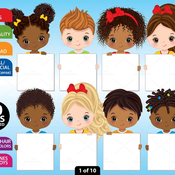 Kids Holding Frames Clipart - Clipart per studenti vettoriali, afroamericani, clipart multiculturali, bambini ispanici, bambini neri, clip art per bambini afro