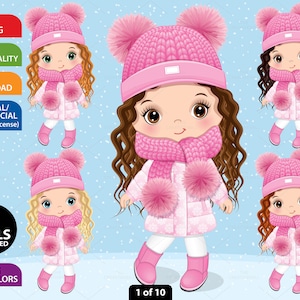Süßes WinterMädchen Clipart, Vector Little Girl, Puppe, Charakter, Weihnachten, Kind, Kleinkind PNG, Stricken, Pom Outfit, Mütze, Cool Kid Clip Art