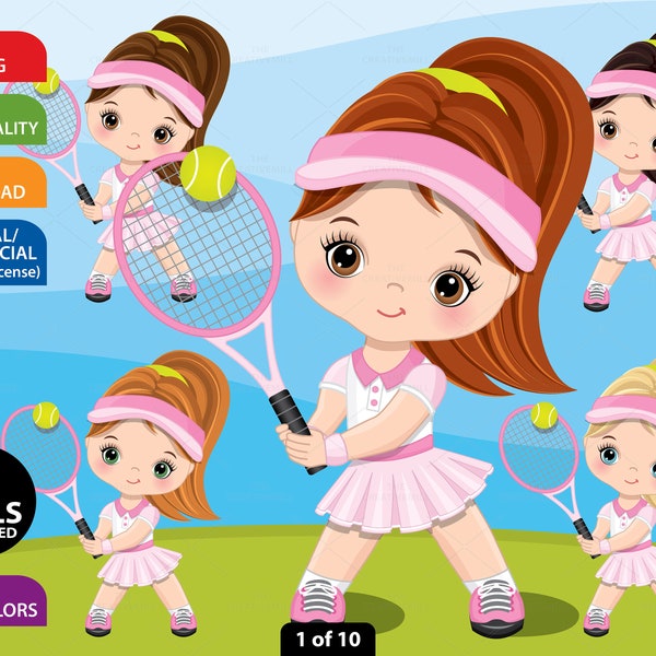 Tennis Girl Clipart, Vector Tennis, Pink Cute Girl, Sport Sticker, Kid Character, Toddler PNG, Caucasian Girl, Sublimation Child Clip Art
