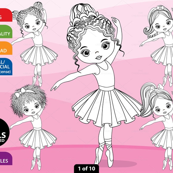 Coloring Ballerina Clipart - Vector Ballerina Clipart, PNG Ballet Clipart, Black and White Ballerina Clipart, Tutu Clipart, Stamp Clip Art