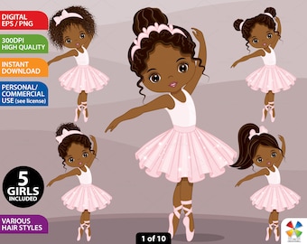 Pink Pastel Ballerina Clipart, Vector Ballet, Afro Puffs, Pink Tutu, PNG, African American Girl, Little Princess, Black Ballerina Clip Art