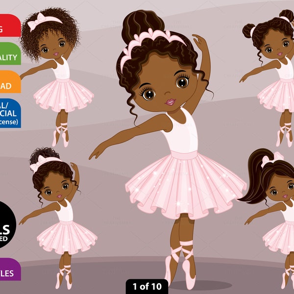 Pink Pastel Ballerina Clipart, Vector Ballet, Afro Puffs, Pink Tutu, PNG, African American Girl, Little Princess, Black Ballerina Clip Art