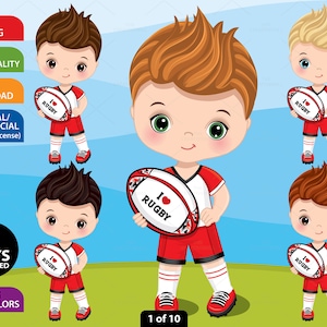 Clipart del ragazzo di rugby, giocatore di rugby vettoriale, ragazzino carino, sport, personaggio, bambino PNG, uniforme rossa, neonato, sublimazione, clip art bambino