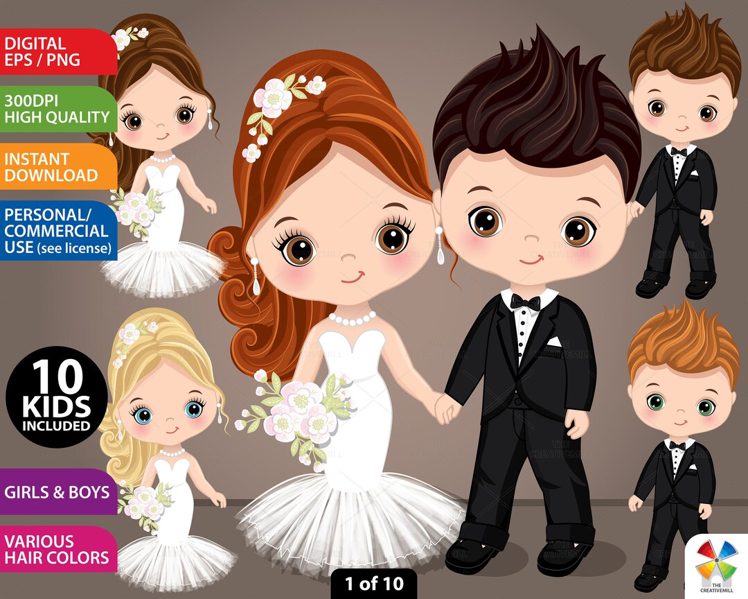 Kid Couple Clipart, Vector Wedding, Boy and Girl, Love, Bride and Groom