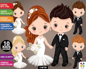 Kid Couple Clipart, Vector Wedding, Boy and Girl, Love, Bride and Groom, Character, Valentines PNG, Toddler, Dating, Cute Kids Clip Art