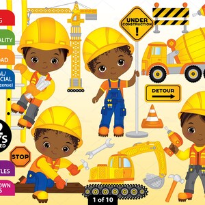 Construction Boys Clipart - Vector Construction Clipart, Boys Clipart, African American Clipart, Kids Clipart, Construction Boys Clip Art