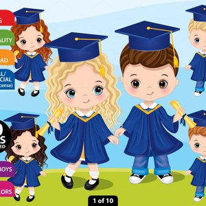 Graduation Kids Clipart, Vector Preschool, Student PNG, Diploma, Graduation Gown, Cap, Royal Blue, Character, Teacher School, Kid Clip Art