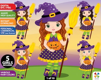Witch Clipart, Vector Halloween, Cute Girl, Witch Costume Kid, Character, Witch PNG, Pumpkin, Broomstick, Sublimation, Child Clip Art