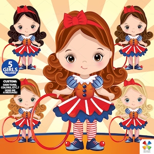 Circus meisje clipart, vector clown meisje, kleine clown, illustratie, prestaties, schattig meisje PNG, sublimatie, karakter, circusdirecteur illustraties
