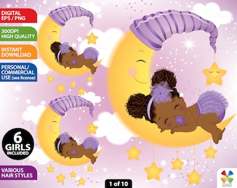 Sleeping Baby Clipart, Vector Newborn, Purple Baby, Afro Baby Shower, Baby on Moon, African American PNG, Black Sleeping Baby Girl Clip Art