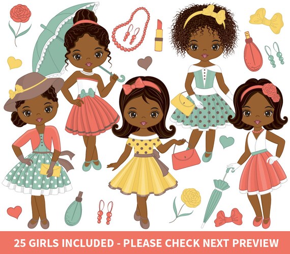 Retro Clipart Vector Fashion Girls Clipart African American Etsy