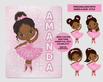 Black Ballerina Personalized Puzzle for Kids, Name Puzzle for Little Girl, Custom Gift for Daughter, African American Puzzle, 30-Piece