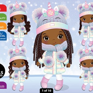 Einhorn Afro Girl Clipart, Vektor Little Girl, Puppe, Charakter, Winter, Schwarzes Kind, Niedliches Kleinkind PNG, Fee, Regenbogen, Cool Kid Clip Art