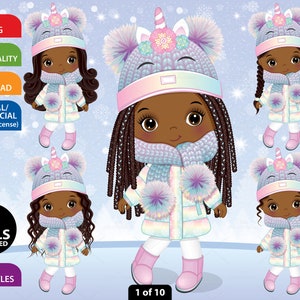 Unicorn girl clipart set of 5 cute African American girls, winter background, PNG and vector. Black girls wear pastel rainbow winter coat, boots, scarf, knitted hat with unicorn horn and pom poms. Girls with various hairstyles: pigtails, braids, long