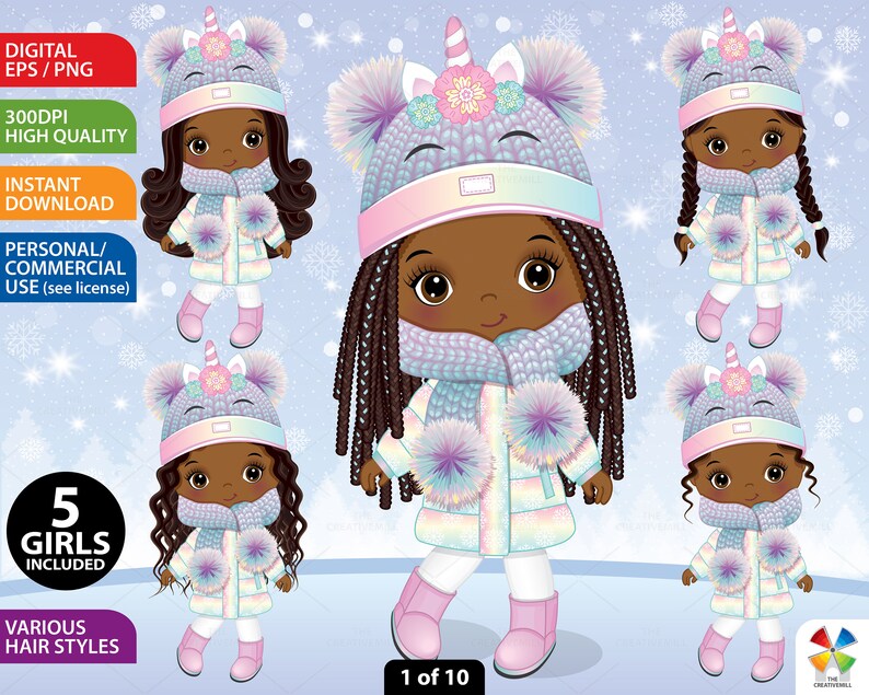 Unicorn girl clipart set of 5 cute African American girls, winter background, PNG and vector. Black girls wear pastel rainbow winter coat, boots, scarf, knitted hat with unicorn horn and pom poms. Girls with various hairstyles: pigtails, braids, long