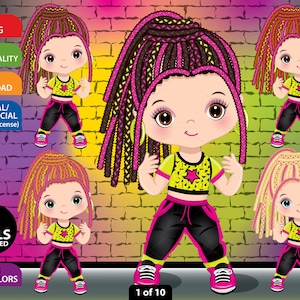 Hip Hop Girl Clipart, Vektor Break Dance, Tanzendes Mädchen, Rap Kid PNG, Charakter, Mädchentanz, Zopf Haar, Rapping Sublimation, Kind Clip Art