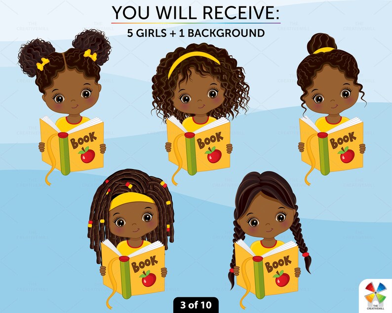 Girl Reading Clipart Vector School Kid African American - Etsy