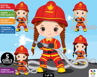 Girl Firefighter Clipart, Vector Fireman Clipart, Little Girl Clipart, Fire Hose, PNG Cute Girl, Occupation Clipart, Digital Clip Art