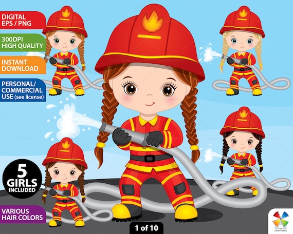 Girl Firefighter Clipart, Vector Fireman Clipart, Little Girl.