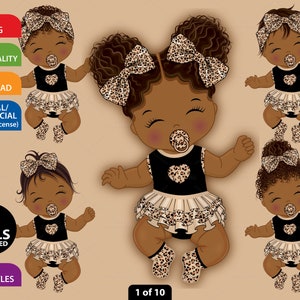 Baby Meisje Clipart, Vector Pasgeboren, Luipaard Zwarte Baby, Baby Douche, Ruches Broek, Afro-Amerikaanse PNG, Dierlijke Print, Wilde Baby Clip Art