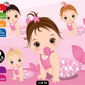 Cute Baby Mermaid Clipart - Vector Newborn Clipart, Baby Girl Clipart, Baby Shower Clipart, PNG Sublimation Clipart, Baby Girl Clip Art