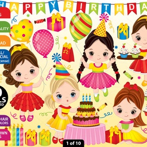 Verjaardag partij clipart-vector verjaardag clipart, verjaardag meisjes clipart, gelukkige verjaardag clipart, Kids clipart, verjaardagsfeestje illustraties