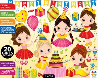 Birthday Party Clipart - Vector Birthday Clipart, Birthday Girls Clipart, Happy Birthday Clipart, Kids Clipart, Birthday Party Clip Art