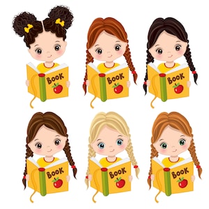Girl Reading Clipart, Vector School Kid, Study, Student, Toddler, Girl Reading Book, Clipart for Teachers, PNG Pupil, Character Clip Art