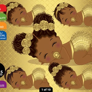 Gold Roses Baby Girl Clipart, Vector Newborn, Metallic, Ruffled Diaper, African American, Floral Black Baby Girl, PNG Sleeping Baby Clip Art