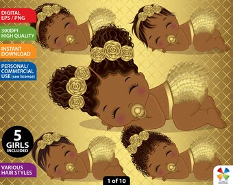 Gold Roses Baby Girl Clipart, Vector Newborn, Metallic, Ruffled Diaper, African American, Floral Black Baby Girl, PNG Sleeping Baby Clip Art