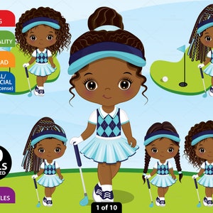 ゴルフガール クリップアート、ベクター ゴルフ、かわいい女の子、スポーツ ステッカー、子供のキャラクター、アフロガール PNG、黒人の女の子、ゴルフ PNG、昇華子供のクリップアート