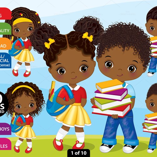 Back To School Clipart Vector School Afro Girl And Boy Etsy