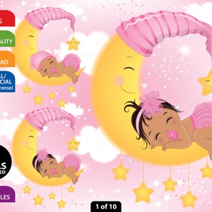 Sleeping Baby Clipart, Vector Newborn, Pink Baby, Hispanic Baby Shower, Baby on Moon, Latino Baby PNG, Etnic Sleeping Baby Girl Clip Art