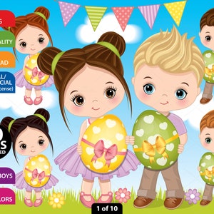 Ostern Clipart, Vektor Ostern Kleinkind, Süßer Junge, Mädchen, Eiersuche, Säugling, Charakter, Paar, Kinder PNG, Frühling, Sublimation Clip Art