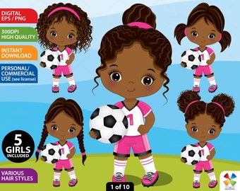 Soccer Black Girl Clipart, Vector Football, Cute Little Girl, Sport, Character, Toddler PNG, African American, Sublimation, Child Clip Art