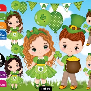 St. Patrick Clipart, Vector Saint Patrick, Mignon garçon, Fille rousse, Bébé, Trèfle, Vert, Enfants PNG, Irlande, Irish Kid Clip Art
