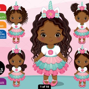 Unicorn Girl Clipart - Vector Unicorn Clipart, Cute Girl Clipart, Little Girl Clipart, Cute Unicorn Clipart, Black Girl, Afro Girl Clipart,